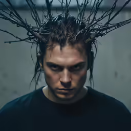 a man with his head covered in branches
