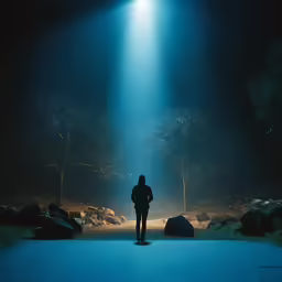 a person looking out at a dark, foggy scene