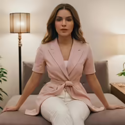 a woman is sitting in a white room