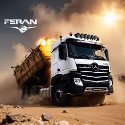 the truck is driving through a desert,a truck in the middle of a dirt field