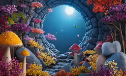 the cave with mushrooms and water