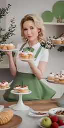 a woman holding two plates of food near some desserts