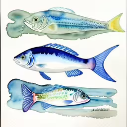 three fish are lined up in different patterns,three different watercolor drawings of blue and yellow fishes,a painting of three fishes are shown in the water,four different types of fishes are in watercolor,three blue and white fish on paper with watercolor stains