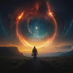 a man walking across a dirt road towards a very large object