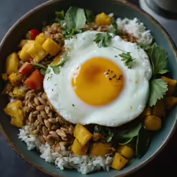 a plate of food including rice, rice, and fried egg