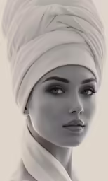 a black and white photograph of a woman wearing a turban