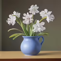 an arrangement of flowers in blue vase on wood table