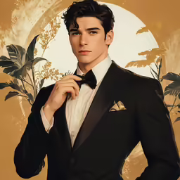 a man poses with a black suit and bow tie