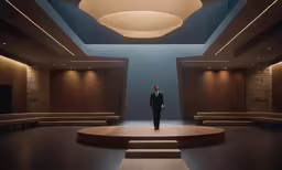 a man in a suit standing on a circular platform