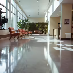 a wide shot of the lobby in an office building
