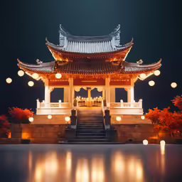 a lit building with a stairway in front of it