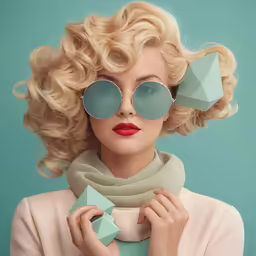 a woman wearing blue sunglasses and blonde hair