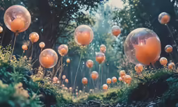 balls are floating through the air in the forest