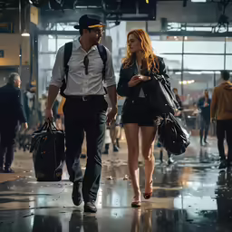 a man and woman walk in an airport with luggage