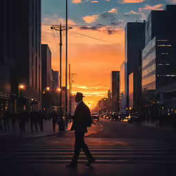 a man in black walking across the crosswalk