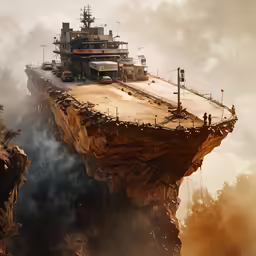 a large boat floating over a canyon surrounded by buildings