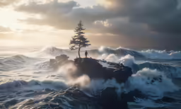 a tree sits at the edge of the water