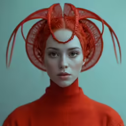 a young woman wearing a red dress and large bright red headpiece