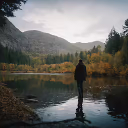 person standing on the edge of a lake surrounded by mountains