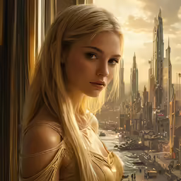 there is a beautiful blonde girl in a golden top