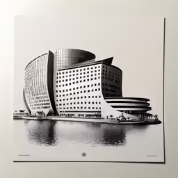 a black and white photo with the top half of a building in the foreground
