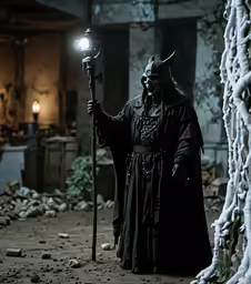 a statue is standing in a yard under the lights