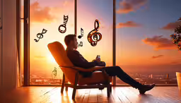 the man is sitting alone and listening to music,a man sitting in a chair in a room with a guitar