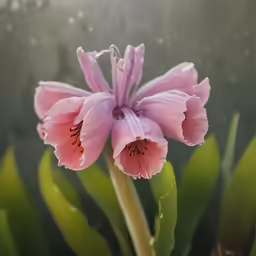 a pink flower sitting on top of a green plant