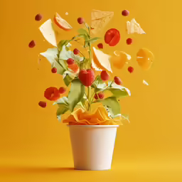 a small flower pot filled with fruit and flies