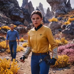 a man in blue and yellow standing next to a woman in blue
