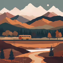 an art deco print with a bus driving on a mountainous road and trees in autumn,a painting of a bus driving through the mountains