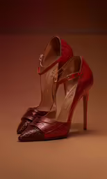 a pair of red high heel shoes on top of a tan background