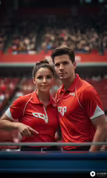a man and woman in red shirts stand next to each other