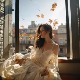 a woman sits in front of a window as falling leaves fly through her