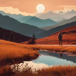 man standing in a mountainous valley at sunset,the man is walking alone along the path over a lake