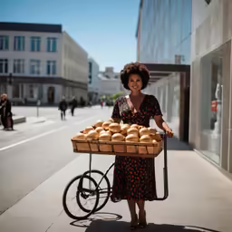an image of woman holding a cart full of bread