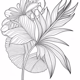 a black and white drawing of a flower with leaves,black and white flowers on a tree branch