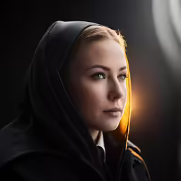 a young woman with a black outfit and hoodie