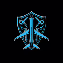 a jet airplane with the emblem of the company,the silhouette of a plane in a shield and some tools