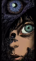 a painting with blue eyes and an intricate headpiece