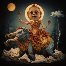 a sculpture of a scarecrow riding on a horse with a full moon