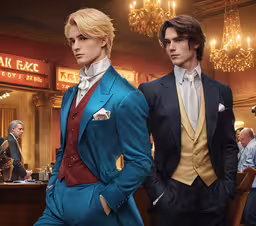 two male models are standing in suits with chandeliers behind them,two gentlemen in blue and brown standing at a bar