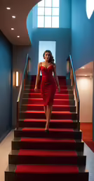 a woman in red dress walking down stairs