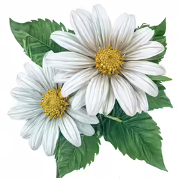 two white flowers with green leaves