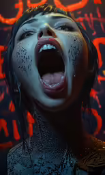 an asian woman is covered in black ink