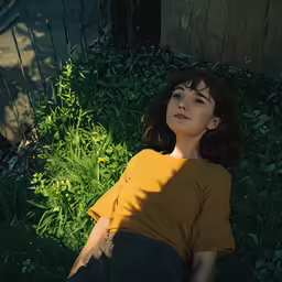a woman posing for a portrait on the ground next to bushes