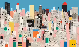 an abstract painting of a city with lots of buildings