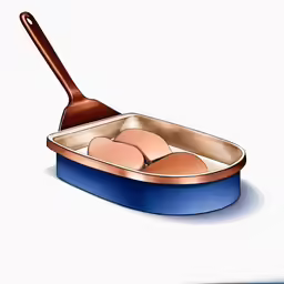 three eggs are in the pan on a white surface