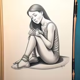 the drawing depicts a seated woman, but with her hand on her stomach,there is a drawing of a person sitting with their feet up
