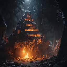 a pile of stacked structures standing in the middle of a forest